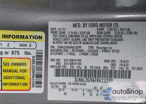 2015 Lincoln Mkz z USA, uszkodzony, nr VIN 3LN6L2G96FR623399